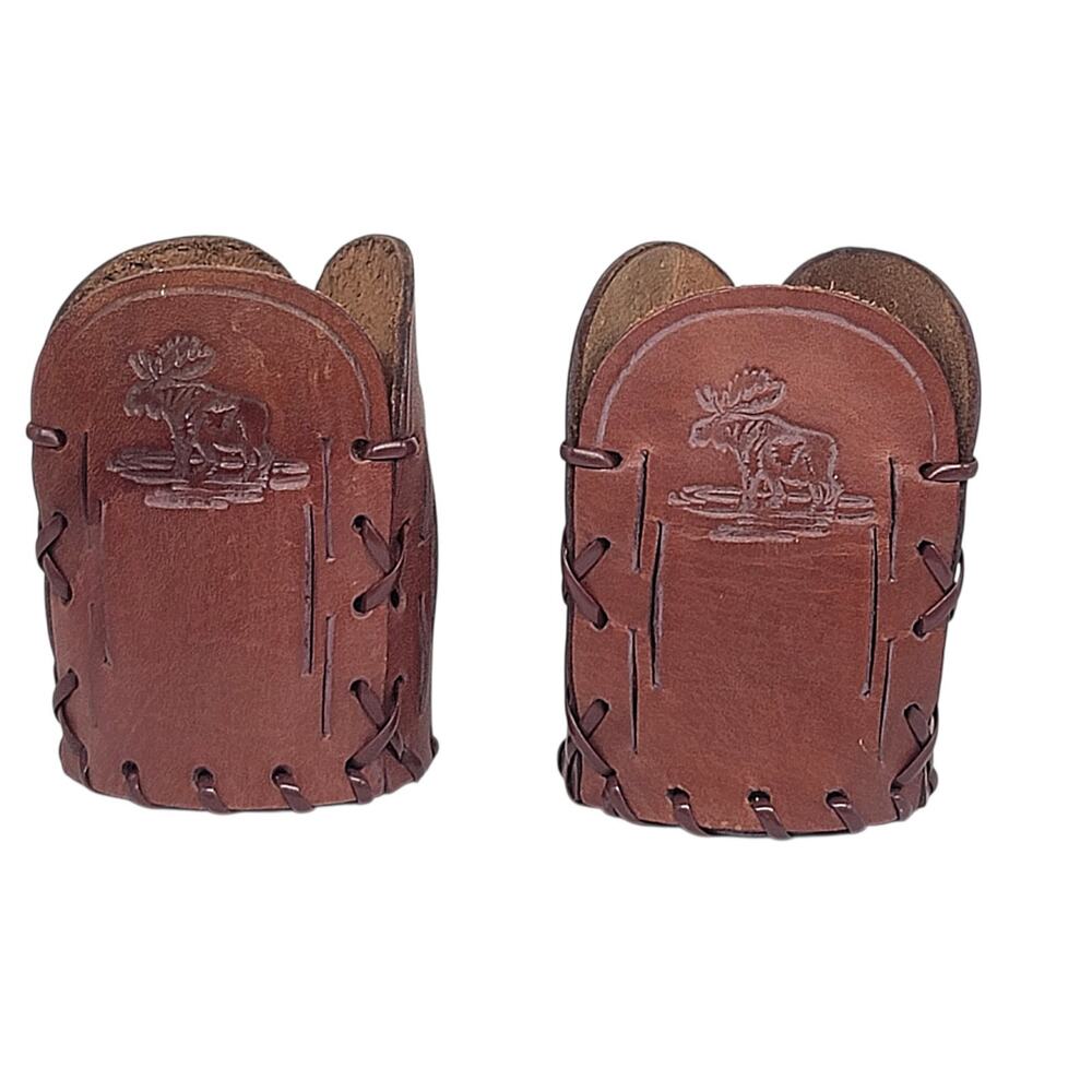 Lot Of 2 Tooled Leather Koozie Moose Drink Beer Bottle Holders - 4" M2